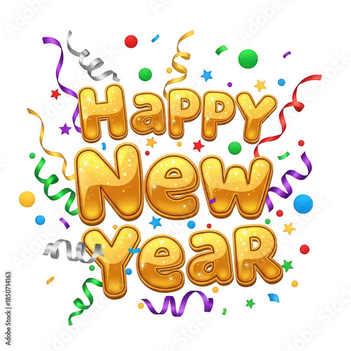 Vibrant Happy New Year celebration with gold text and colorful confetti