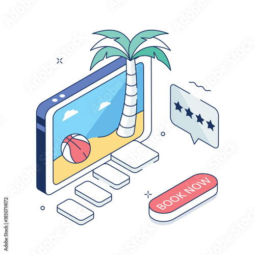 A visually appealing isometric online vacation booking illustration