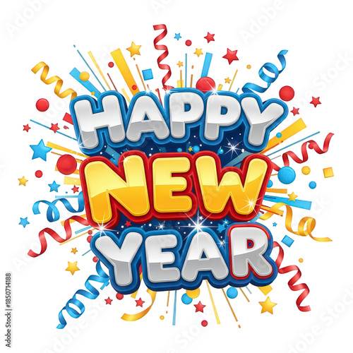 Vibrant Happy New Year celebration graphic with colorful confetti