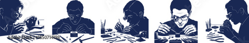 Set of Jeweler and Watchmaker Silhouettes Working with Precision Tools on Fine Craft and Repair