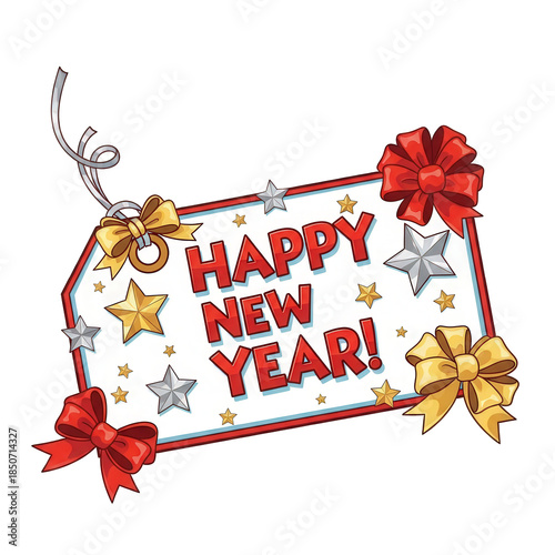 Vibrant Happy New Year tag with bows and stars on black