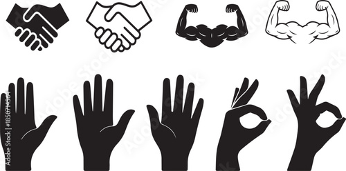 Vector illustrations of hands in various poses, including silhouettes and raised fingers