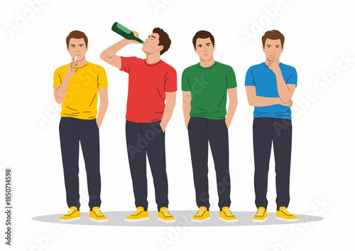 This illustration showcases four stylish young men in vibrant casual attire, embodying different attitudes and emotions while promoting modern fashion and camaraderie among peers.