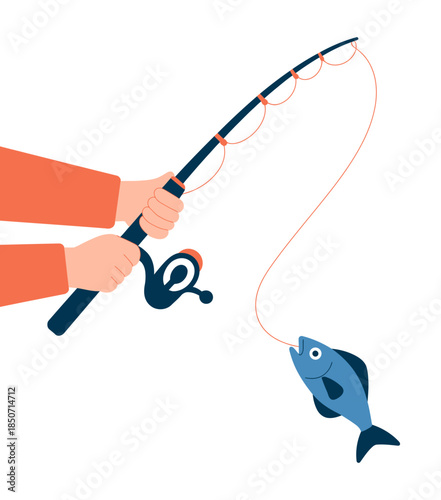 A person holding a fishing rod with a fish on the line represents the thrill of fishing and the connection with nature while enjoying outdoor activities and hobbies.