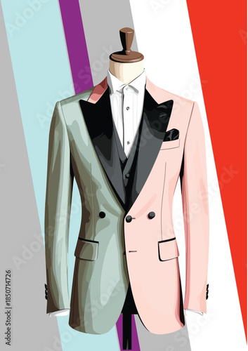 056-31-Mannequin displaying a stylish two-tone double-breasted tuxedo with a formal shirt and vest