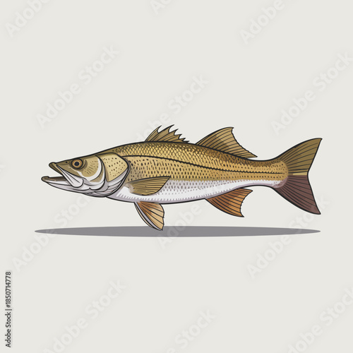 This highly detailed illustration features a Spotted Bass, known for its distinctive markings and vibrant colors, swimming gracefully in its natural habitat.