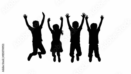 Silhouette of four happy children jumping in the air with arms raised.