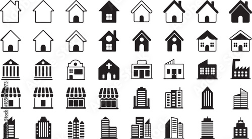 Grid of black and white representing various types of buildings and architectural structures
