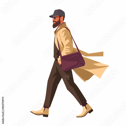 A fashionable man exuding confidence as he strolls in a modern urban outfit, combining style with a casual vibe, perfect for conveying a sense of contemporary living.
