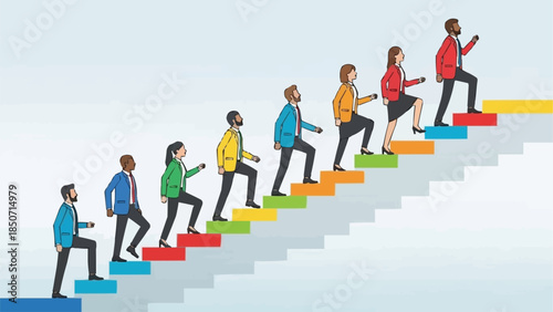 Diverse group of people climbing colorful stairs symbolizing progress and teamwork.