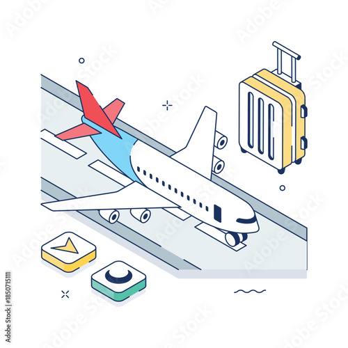 Isometric international travel illustration with airplane and luggage for global tourism