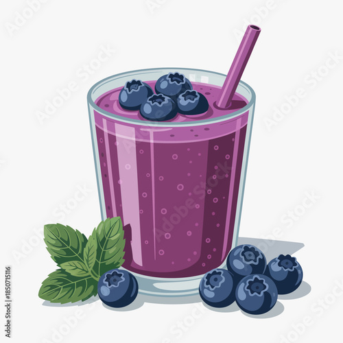This vibrant image depicts a refreshing blueberry smoothie, featuring plump blueberries and mint leaves, set against a clean white background to highlight its appeal.