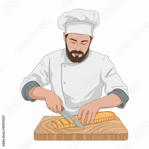 A dedicated chef skillfully slicing a pastry on a wooden cutting board in a professional kitchen, embodying craftsmanship and culinary passion through his focused expression.
