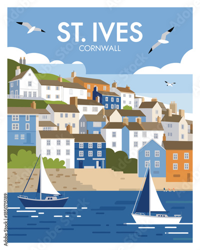 Retro style seaside landscape poster of St. Ives Cornwall with traditional architecture sailboats and seagulls for British tourism and home decor illustration.