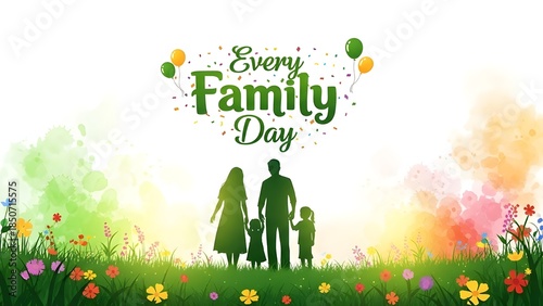 Happy family day with silhouette of parents and child in a field of flowers