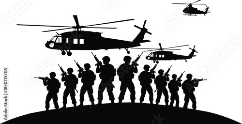 Military silhouette, armed soldiers, helicopters flying, tactical formation, black hill, rifle patrol, defense scene, war concept, coordination, combat illustration