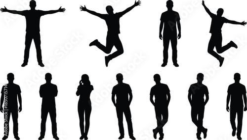 Human silhouette collection cad drawing flat vector illustration with standing jumping people poses black figures isolated design