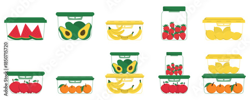 Set of Fresh fruit in storage containers