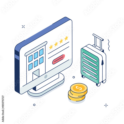 Isometric hotel booking concept illustration, editable vector