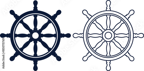 Ship wheel nautical symbol cad drawing flat vector illustration with maritime steering helm ocean navigation design