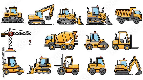 Various heavy construction vehicles and equipment in yellow, Generative AI.