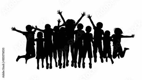Silhouette of a group of happy children jumping in the air.