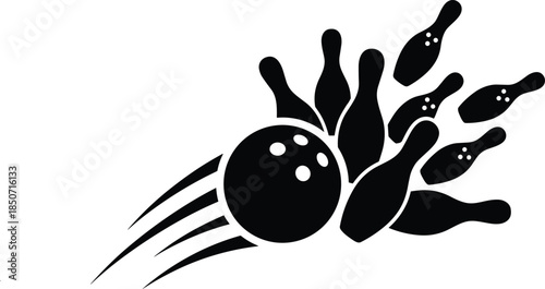 Bowling strike silhouette cad drawing flat vector illustration with bowling ball pins motion action sports concept design
