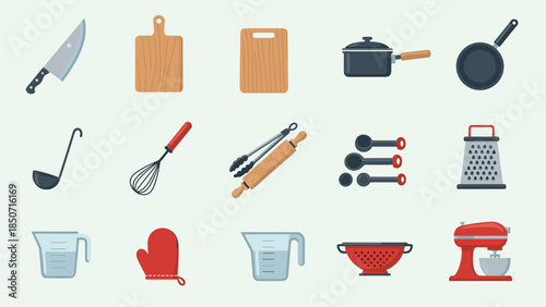 Colorful kitchen utensils and tools for cooking and baking, Generative AI.