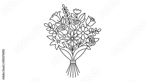 Beautiful bouquet of flowers in elegant line art style, Generative AI.