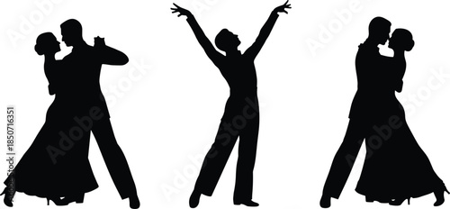 Dance silhouette trio, ballroom and solo poses, expressive movement illustration, elegant gesture art, black figures, performance design