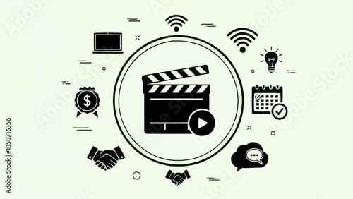 Clapperboard with play button and surrounding icons representing business and technology.
