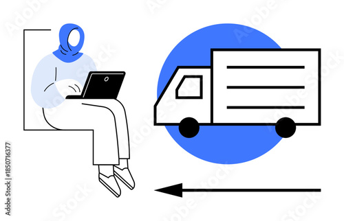 Delivery concept. A woman works on a laptop while a truck and arrow indicate logistics and transport. Delivery connects people with goods efficiently. For e-commerce, logistics, transport, business