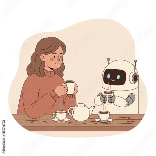 A heartwarming flat vector illustration of a young woman enjoying a warm tea break with her friendly robot companion
