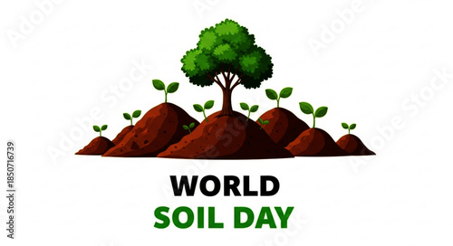 Soil mounds with sprouting plants and a tree, celebrating World Soil Day.