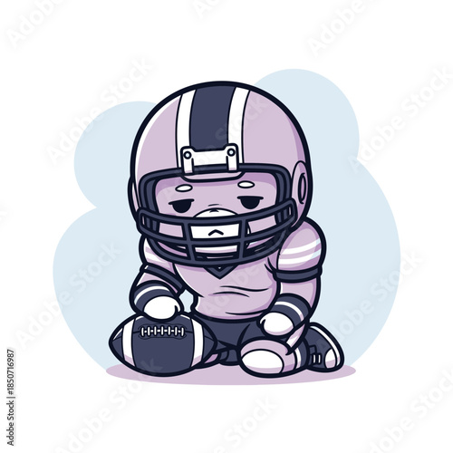 Cute Cartoon Bear in American Football Uniform Sitting with Ball.