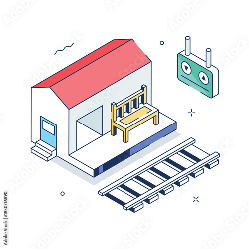 Isometric railway station illustration for train travel and transportation concept
