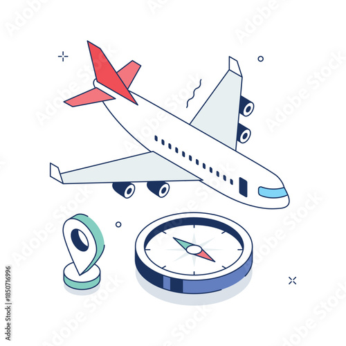 Isometric flight navigation illustration with airplane and compass