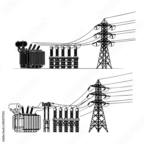 High-voltage electrical substation with transmission towers, power distribution system, energy infrastructure