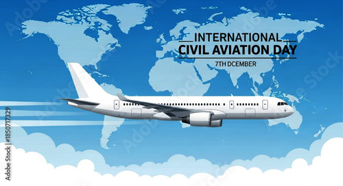 White Airplane Flying Across a World Map Background for International Civil Aviation Day