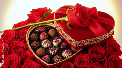 Heart shaped box of assorted chocolates and red roses on white background