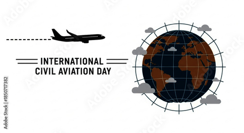 Airplane Silhouette Flying Left with Dotted Line and Earth Globe with Clouds
