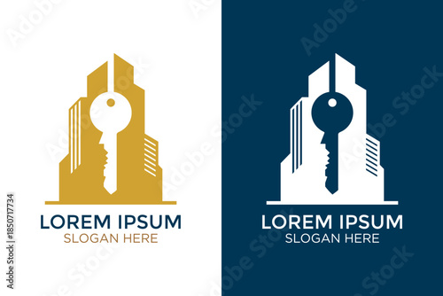 Real Estate Key and City Skyscraper Logo Design Template for Property Business