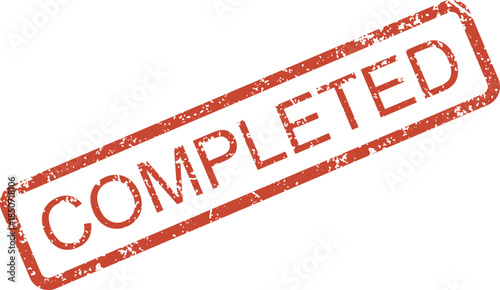 Vivid red rectangular rubber stamp mark displaying the word COMPLETED on a bright white isolated background