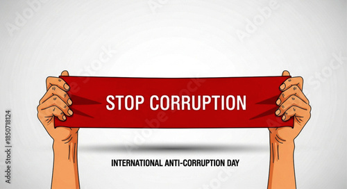 Cartoon Hands Holding Red Banner with "STOP CORRUPTION" Message.