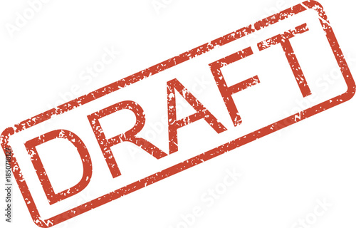 A clear red rectangular rubber stamp impression clearly displays the important word DRAFT on a plain white backdrop