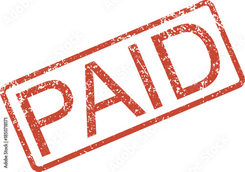 A distressed red rubber stamp with the word PAID clearly visible inside a rectangular frame on a white surface