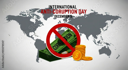 Symbolic Anti-Corruption Day Illustration Featuring Money, Coins, and Prohibition Sign.