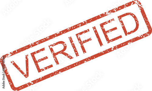 A vibrant red distressed rubber stamp with the capitalized word VERIFIED inside a rectangular border