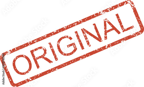 A vibrant red grunge textured rubber stamp clearly displays the distinctive word ORIGINAL on a white surface