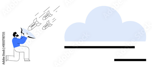 Cybersecurity, data protection, online defense, cloud computing, malware prevention, network safety. Man using shield to block incoming threats targeting a cloud. Cybersecurity and data protection